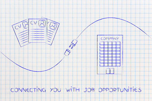 connecting you with job opportunities concept: candidate resumes and company building with plug in between them