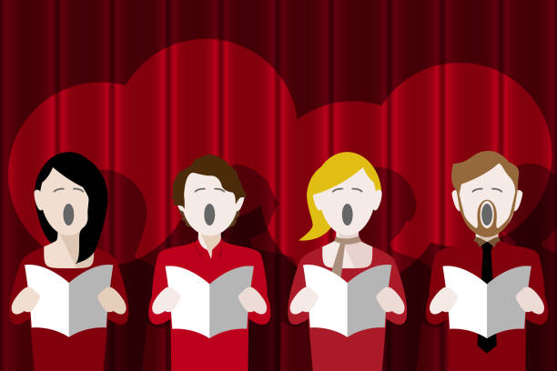 illustrazioni stock, clip art, cartoni animati e icone di tendenza di coro che canta contro un sipario sul palco - tenor