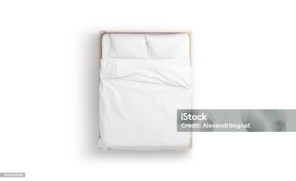 Cama blanca en blanco imitan para arriba, la vista superior aislada, - Foto de stock de Cama libre de derechos