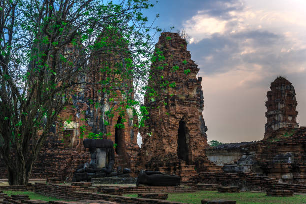 руины пагоды в ват маха аюттхая, таиланд. - wat maha that стоковые фото и изображения