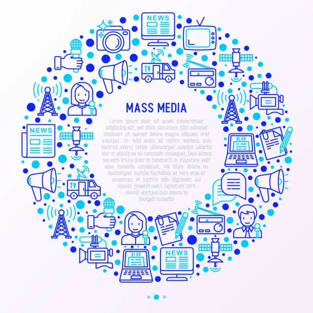 Vector illustration of Mass media concept in circle with thin line icons: journalist, newspaper, article, blog, report, radio, internet, interview, video, photo. Modern vector illustration for banner, print media, web page.