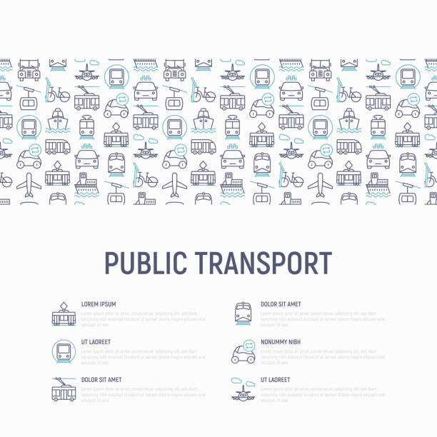 細い線のアイコンと公共交通機関の概念: 鉄道、バス、タクシー、船、フェリー、トロリーバス、トラム、カーシェア リングします。正面と側面のビュー。モダンなベクトル イラスト バナ� - public transportation cable car ferry bicycle点のイラスト素材／クリップアート素材／マンガ素材／アイコン素材