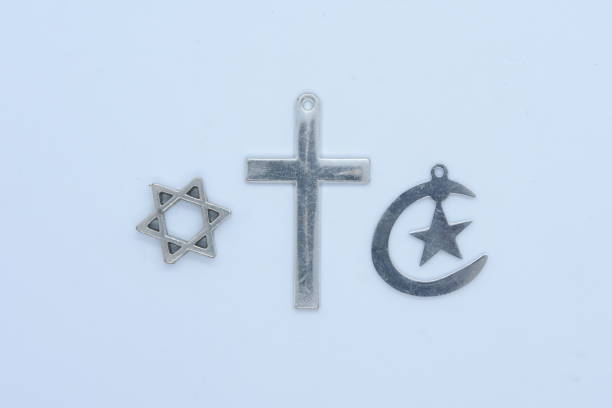 Concept of interfaith dialogue promotes understanding and spirituality by bringing together symbols, beliefs from diverse religions Hinduism, Islam, Judaism, Buddhism, faith and religious harmony.