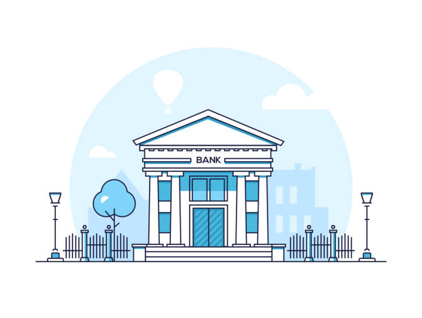 Bank - modern thin line design style vector illustration Bank - modern thin line design style vector illustration on white background. Blue colored high quality composition with a building with pillars, columns, lantern, tree, fence. Urban architecture bank financial building illustrations stock illustrations