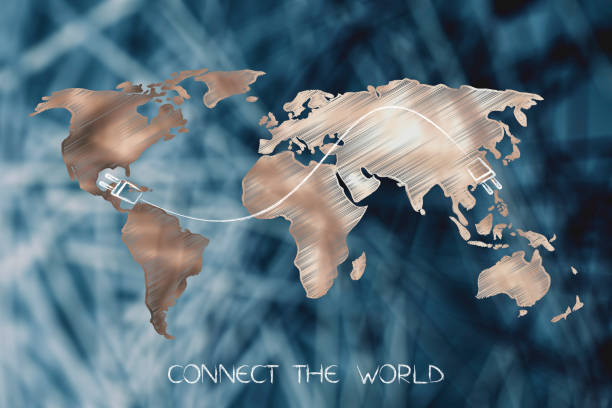 mappa con doppia spina connect the world, in cima allo sfondo della rete - network connection plug globe connection earth foto e immagini stock