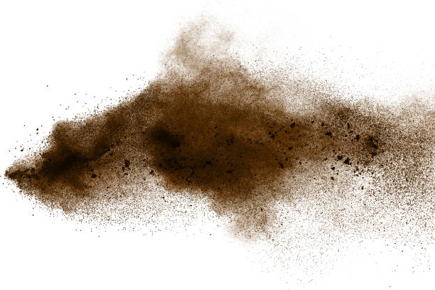 istock Deep Brown particles splattered on white background. Brown dust splash. 1031509096