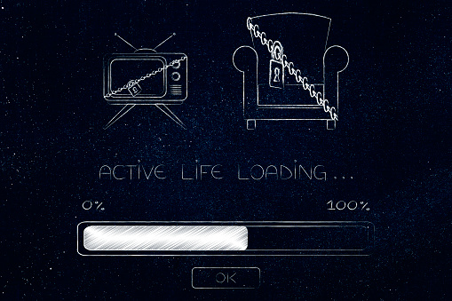 active life loading: progress bar with lock and chain on a couch and tv