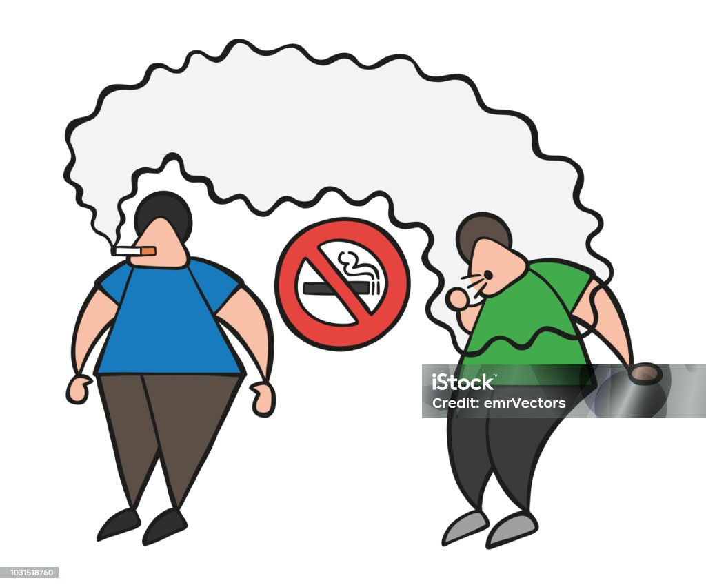 Vector cartoon man smoking cigarette where smoking is prohibited and other man coughing Vector illustration cartoon man character smoking cigarette where smoking is prohibited and other man coughing. Addict stock vector
