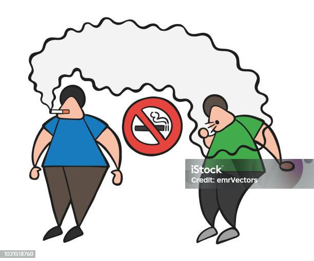 Vector Cartoon Man Smoking Cigarette Where Smoking Is Prohibited And Other Man Coughing Stock Illustration - Download Image Now