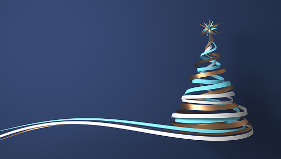 Christmas Tree From White, Cyan And Gold Tapes On Blue Background. 3D Illustration.