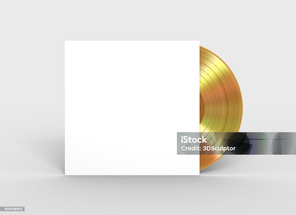 Gold Vinyl Record In White Paper Case Gold Vinyl Record In White Paper Case. 3D Illustration. Record - Analog Audio Stock Photo