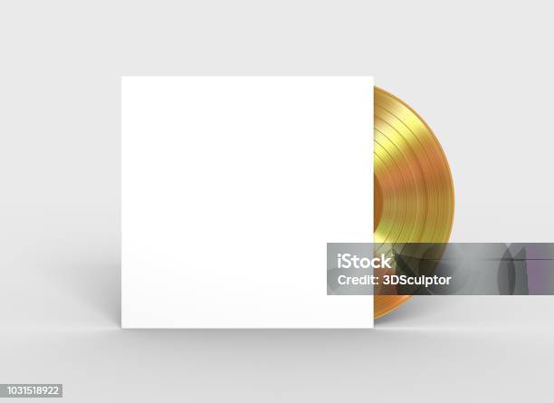 Gold Vinyl Record In White Paper Case Stock Photo - Download Image Now - Record - Analog Audio, Disk, Gold - Metal