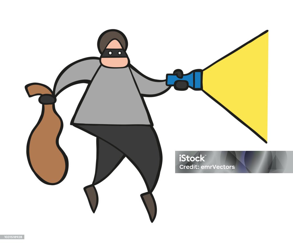 Vector cartoon thief man with face masked walking and holding flashlight and sack Vector illustration cartoon thief man with face masked walking and holding flashlight and sack. Adult stock vector