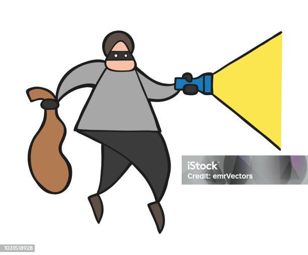 Vector Cartoon Thief Man With Face Masked Walking And Holding Flashlight And Sack Stock Illustration - Download Image Now