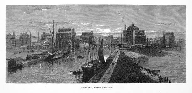 illustrazioni stock, clip art, cartoni animati e icone di tendenza di ship canal, buffalo, new york, stati uniti, american victorian engraving, 1872 - 1870