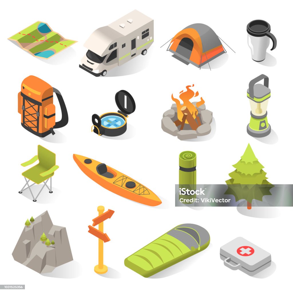 Camping and travel isometric elements Camping and travel isometric elements. Outdoor activity withovernight stays away from home in a shelter. Vector illustration on white background Camping stock vector