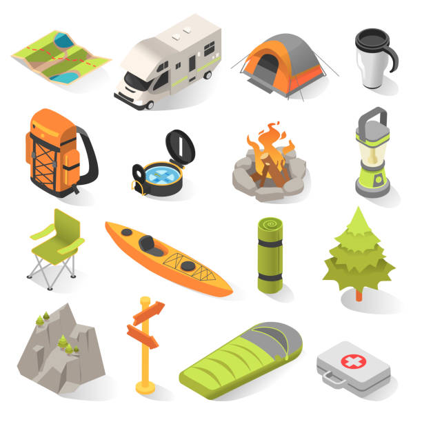 Camping and travel isometric elements Camping and travel isometric elements. Outdoor activity withovernight stays away from home in a shelter. Vector illustration on white background bus livery stock illustrations