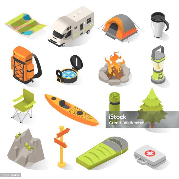 Camping And Travel Isometric Elements Stock Illustration - Download Image Now - Camping, Isometric Projection, Three Dimensional
