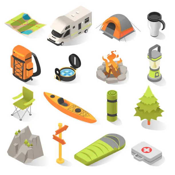 Vector illustration of Camping and travel isometric elements