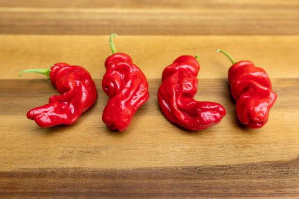 Close shot of peter pepper chili on a wooden board. The unusual appearance of some chili peppers, and peter pepper in particular, causes amusement and leads to descriptive names such as \