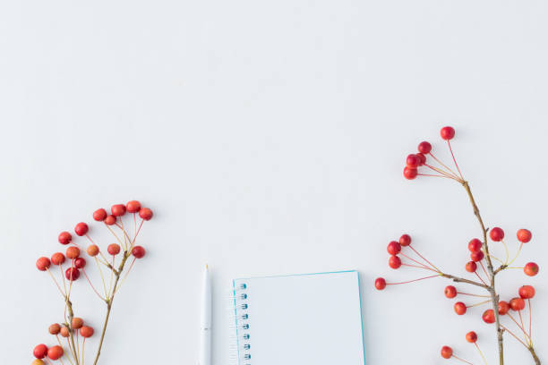 istock Flat lay desk and branch with small red appless 1031534268