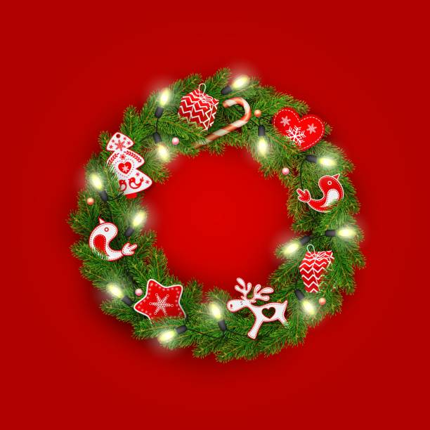 istock Christmas wreath, realistic spruce branches, light bulbs, holly berries, Scandinavian decorations 1031538308