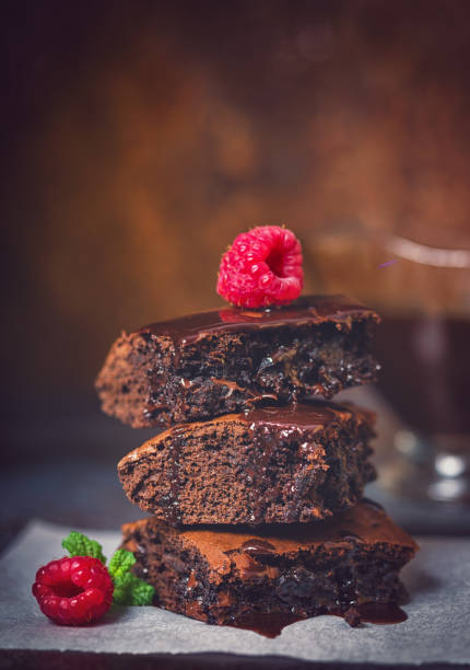 Freshly made chocolate brownies with raaspberries