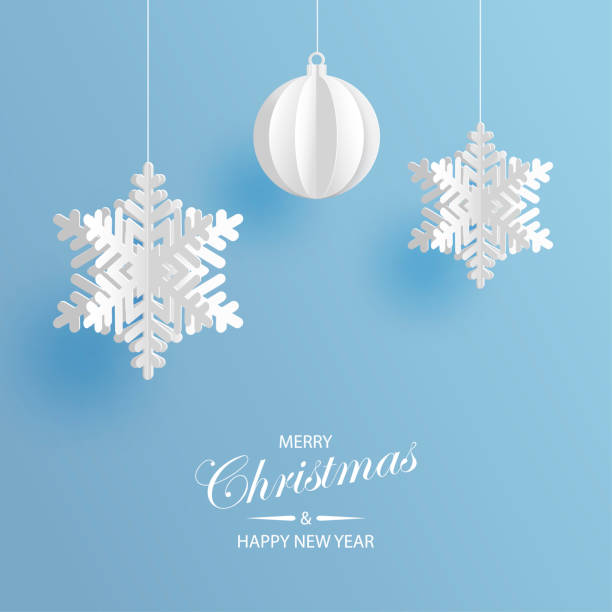 illustrazioni stock, clip art, cartoni animati e icone di tendenza di sfondo astratto con fiocchi di neve di carta volumetrica e palla di natale. fiocchi di neve 3d bianchi e decorazioni. natale e modello di carta per il nuovo anno. design invernale della carta d'arte - christmas christmas ornament backgrounds snow