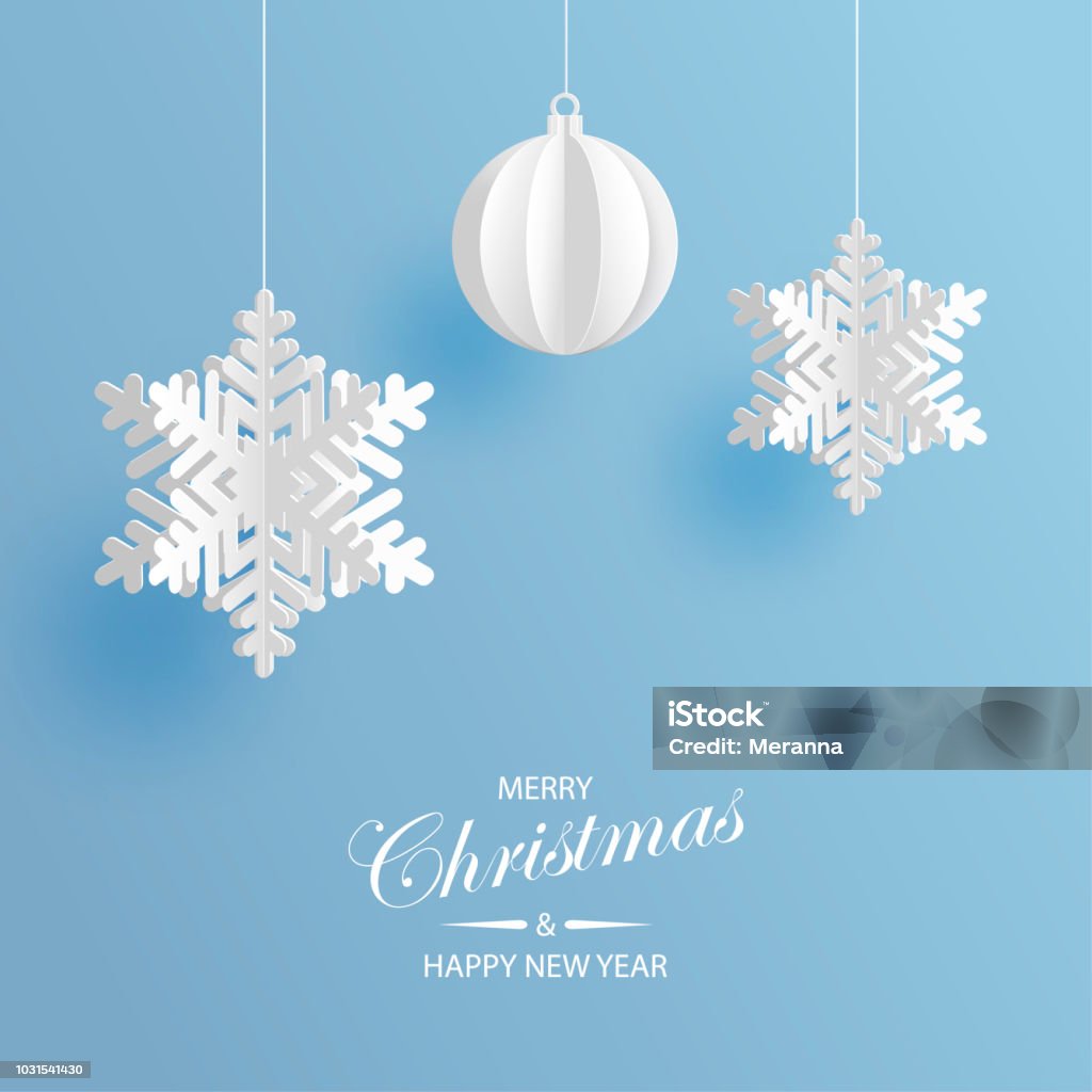 抽象的な背景体積紙雪とクリスマス ボール。白い 3 D 雪片および装飾。クリスマスと新年のカード テンプレートです。冬紙アート デザイン - クリスマスのロイヤリティフリーベクトルアート