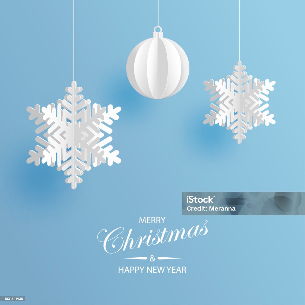 Abstract background with volumetric paper snowflakes and christmas ball. White 3D snowflakes and decorations. Xmas and new year card template. Winter paper art design Christmas stock vector