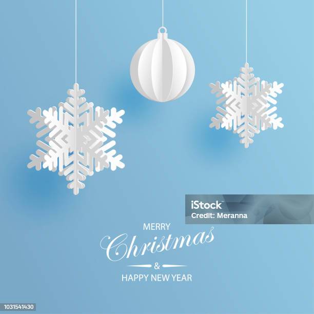 Abstract Background With Volumetric Paper Snowflakes And Christmas Ball White 3d Snowflakes And Decorations Xmas And New Year Card Template Winter Paper Art Design Stock Illustration - Download Image Now
