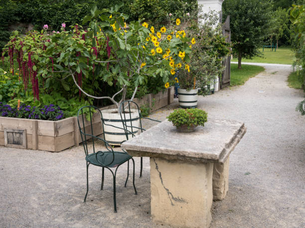 Stone table with flowers and chairs in a garden, stone pavement