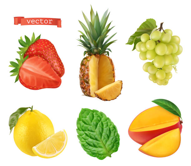 Fresh fruit, 3d vector icons set. Realistic illustration Fresh fruit, 3d vector icons set. Realistic illustration hyperrealism stock illustrations