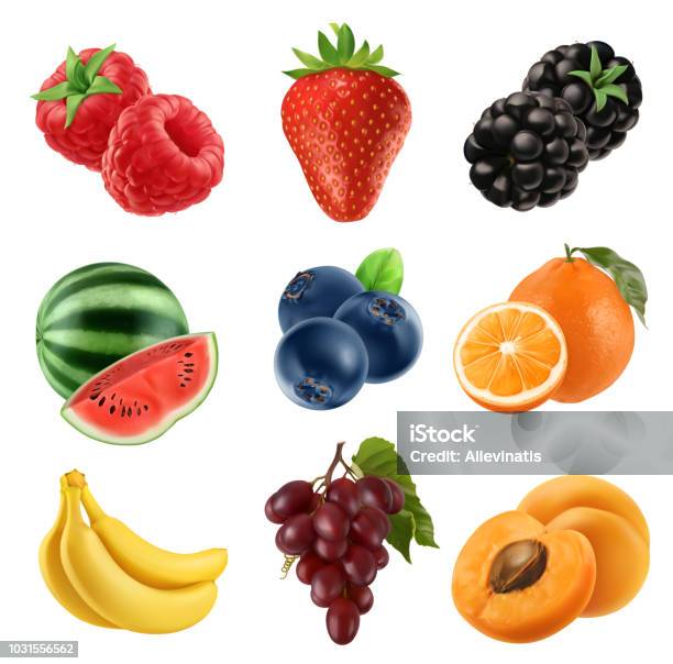 Fruits Frais 3d Jeu Dicônes Vectorielles Illustration Réaliste Vecteurs libres de droits et plus d'images vectorielles de Fruit