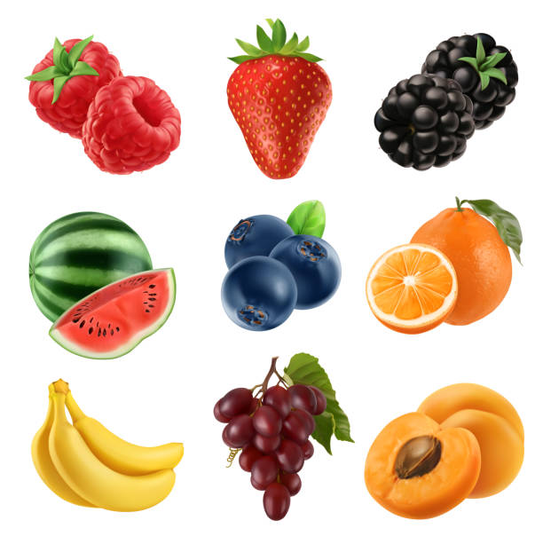 ilustrações, clipart, desenhos animados e ícones de frutas frescas. conjunto de ícones 3d vector. ilustração realista - fruta