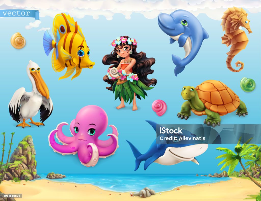 Little Girl With A Seashell Funny Sea Animals And Fishes 3d Vector Icon Set Stock Illustration - Download Image Now - iStock Little Girl With A Seashell Funny Sea Animals And Fishes 3d Vector Icon Set Stock Illustration - Download Image Now - iStock