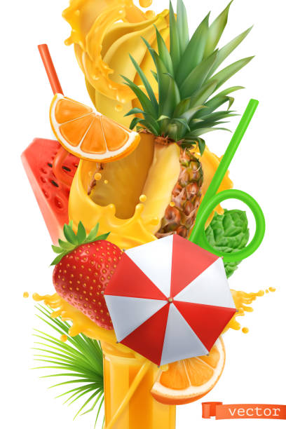 Splash of juice and sweet tropical fruits. Summer cocktail 3d vector Splash of juice and sweet tropical fruits. Summer cocktail 3d vector hyperrealism stock illustrations