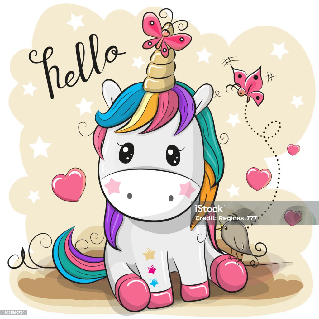 Phim Hoạt Hình Kỳ Lân Với Bướm Và Một Con Chim Hình minh họa Sẵn ...