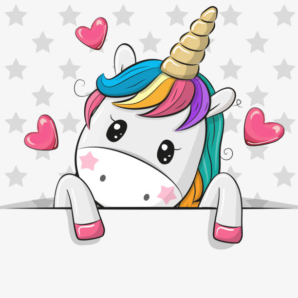 Cartoon Unicorn is holding a placard on a stars background Cute Cartoon Unicorn is holding a placard on a stars background happy valentines day book stock illustrations