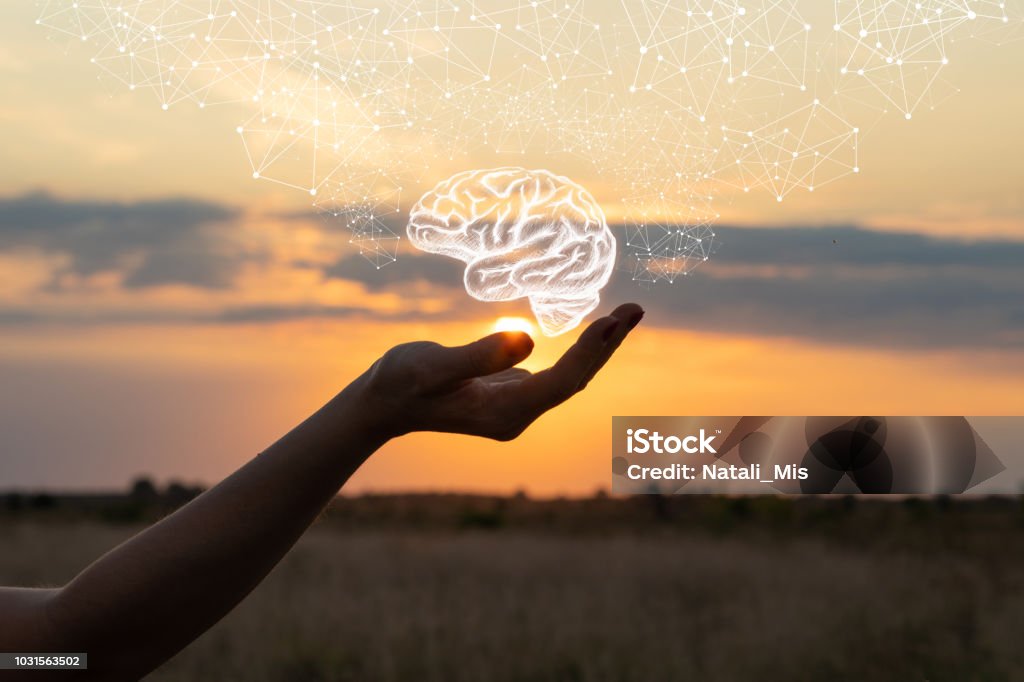 Hand shows the brain . Hand shows the brain in the sun and sky. Mental Health Stock Photo
