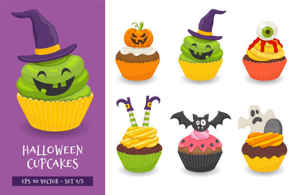 Cute halloween cupcake collection Halloween cupcake set. Cute scary desserts, perfect for party invitations. Vector illustration isolated on a white background. Set 1 of 3. halloween cupcake stock illustrations