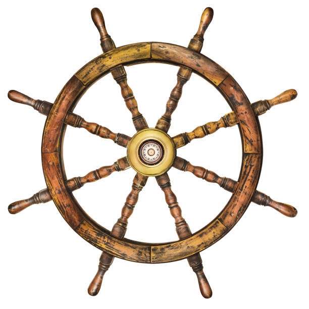 istock Vintage wooden ship steering wheel isolated on white 1031566486