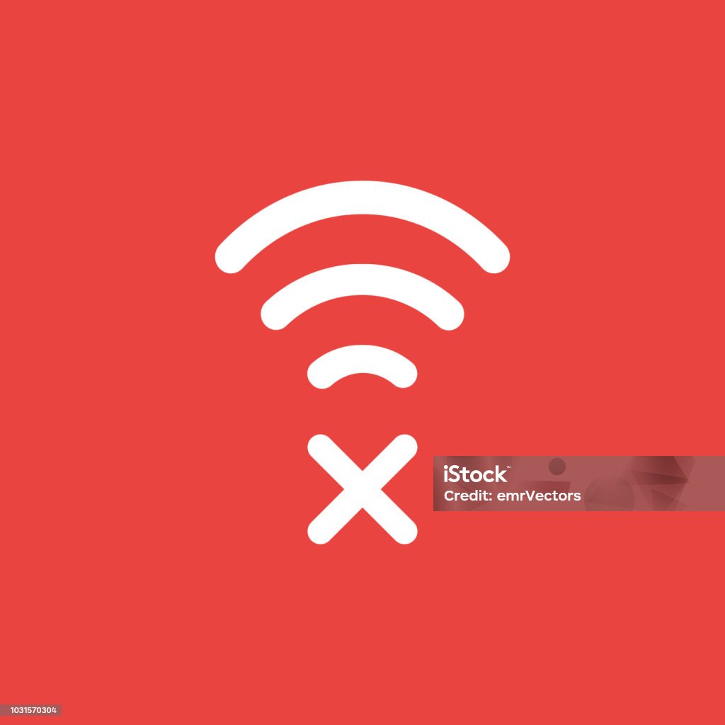 Vector icon concept of wireless wifi symbol with x mark on red background Flat vector icon concept of wireless wifi symbol with x mark on red background. Wireless Technology stock vector