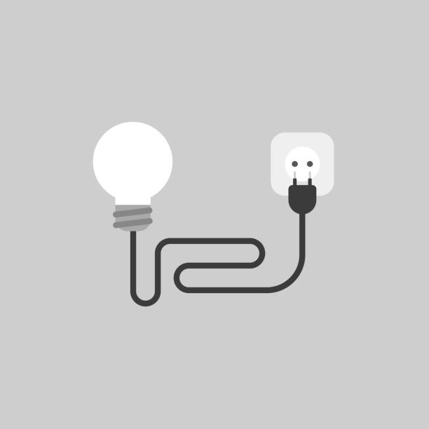 ilustrações, clipart, desenhos animados e ícones de conceito de ícone vector do bulbo ligh com cabo, plugue e tomada no fundo cinza - electric plug outlet electricity cable