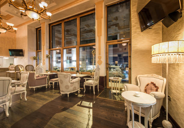 istock Antique restaurant interior with scenic view at night 1031570916