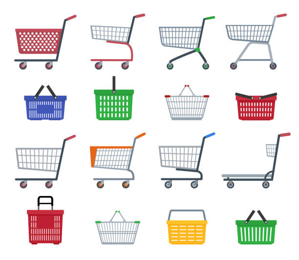 Set of shopping trolleys and shopping baskets. Set of shopping trolleys and shopping baskets. Isolated on white background. Flat vector illustration. cart illustrations stock illustrations