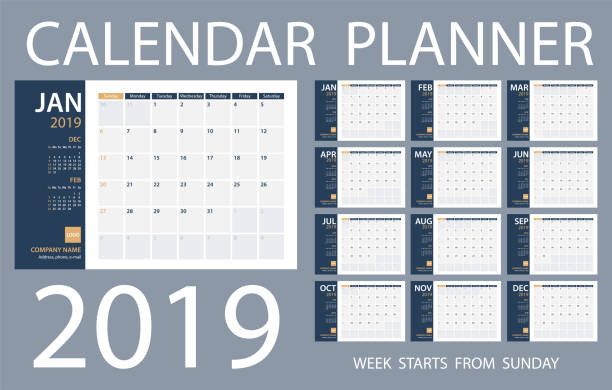 ilustraciones, imágenes clip art, dibujos animados e iconos de stock de calendario planificador 2019 - plantilla de vector. días a partir del domingo - 2019