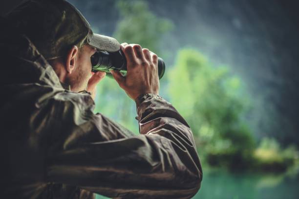 Hunter Spotting Game Caucasian Hunter in Masking Camouflage Uniform with Binoculars. Hunter Spotting Game. Poacher or Soldier Clothing. hunting stock pictures, royalty-free photos & images