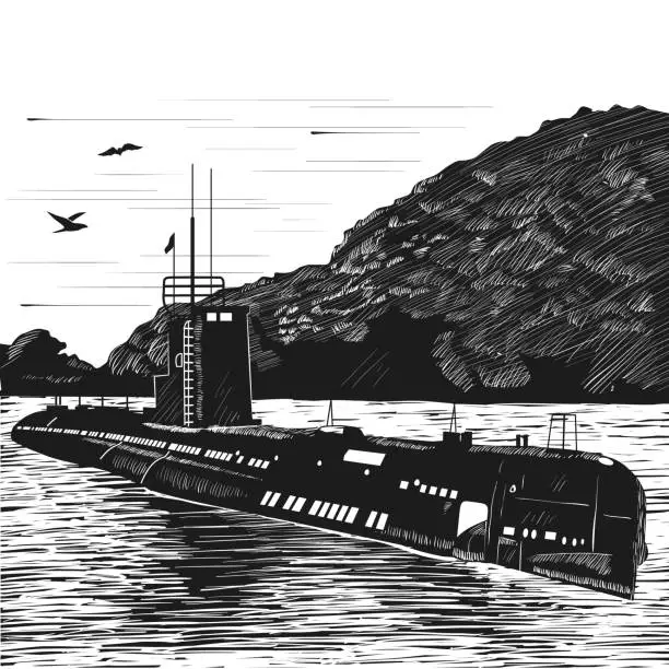 Vector illustration of Diesel submarine of post-war construction. Nuclear submarine boat. Engraving retro style. Black and white vector illustration.