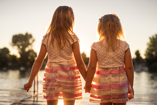 Rear view of two young sisters holding their hands.